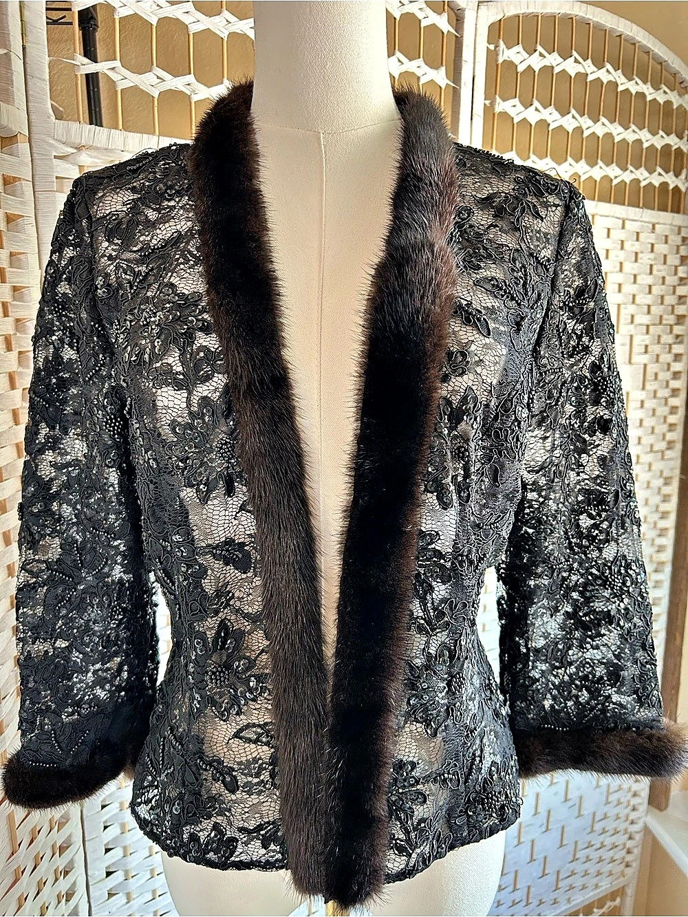 Black Lace Fur-Trim Jacket